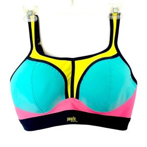 Panache Wireless Sports Bra, Sz 36F, Teal/Grey/Yellow/Pink